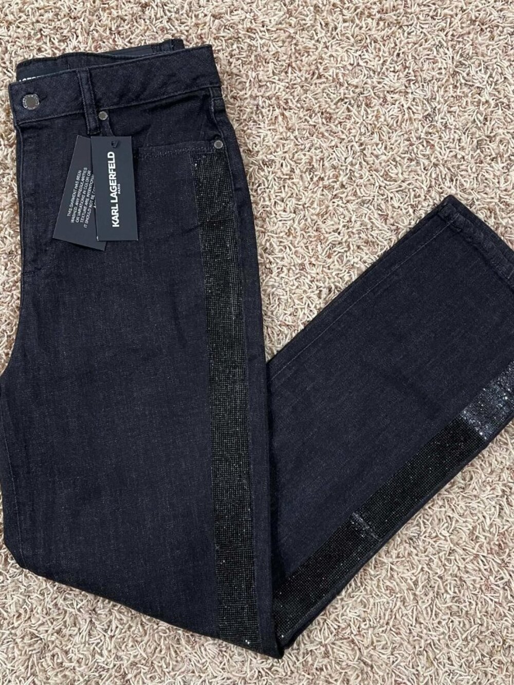 Karl Lagerfeld Women's Rhinestone-Stripe Straight-Leg Jeans, Size 12 (New)